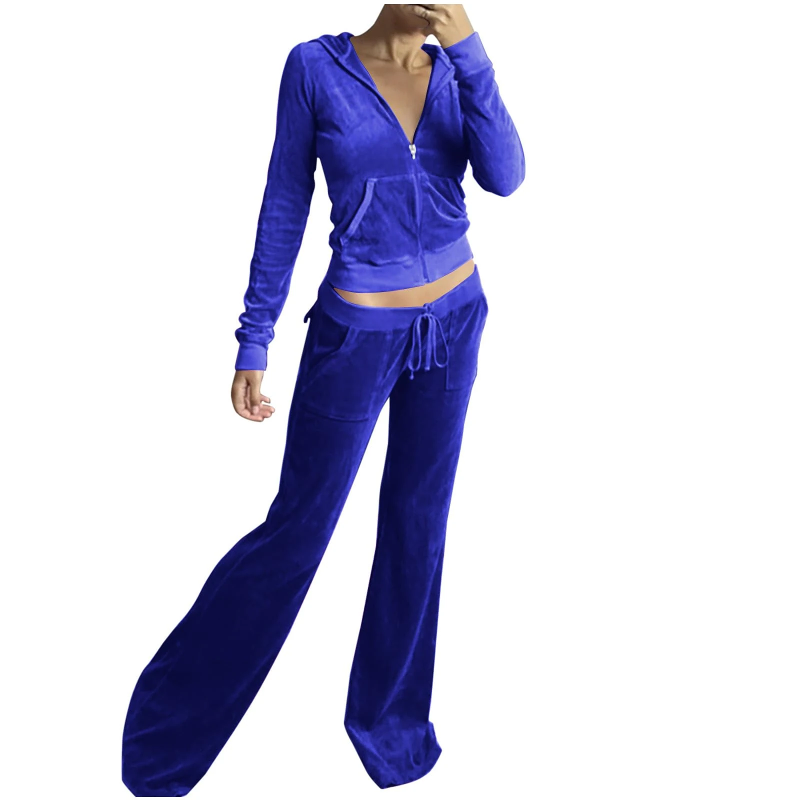 Flodxo Tracksuit Womens Full Set Winter Velour Sweatsuit 2 Peices Loungewear Outfits Long Sleeve Zip Up Hoodie Wide Leg Joggers Sweatpants Joggings Sportwear Yoga Gym Workout Playsuit Blue M