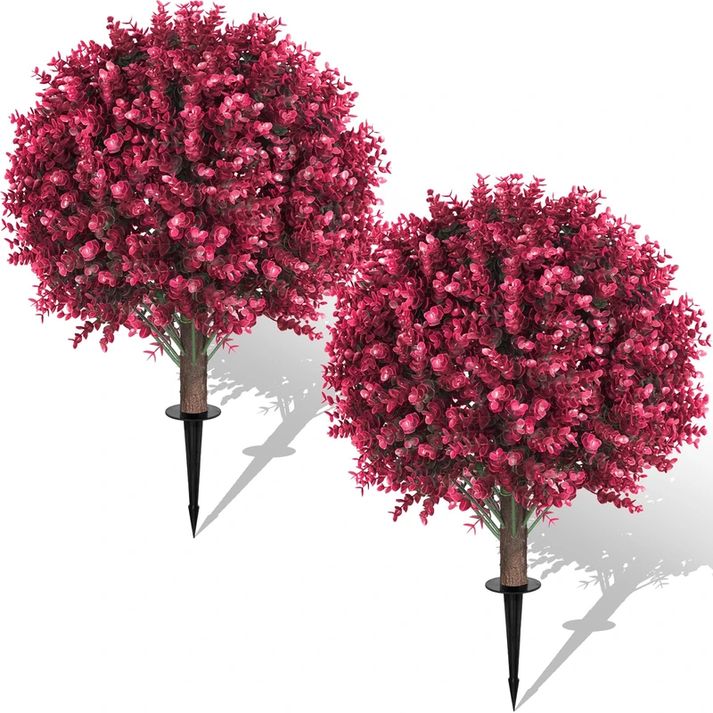 AOKIIE Set of 2 Artificial Rose Boxwood Topiary Ball Bush for Outdoor with Ground Spike 22", UV Resistant Faux Greenery Shrubs, Fake Rose&Green Boxwood Plants for Garden, Yard, Porch, Patio Decor