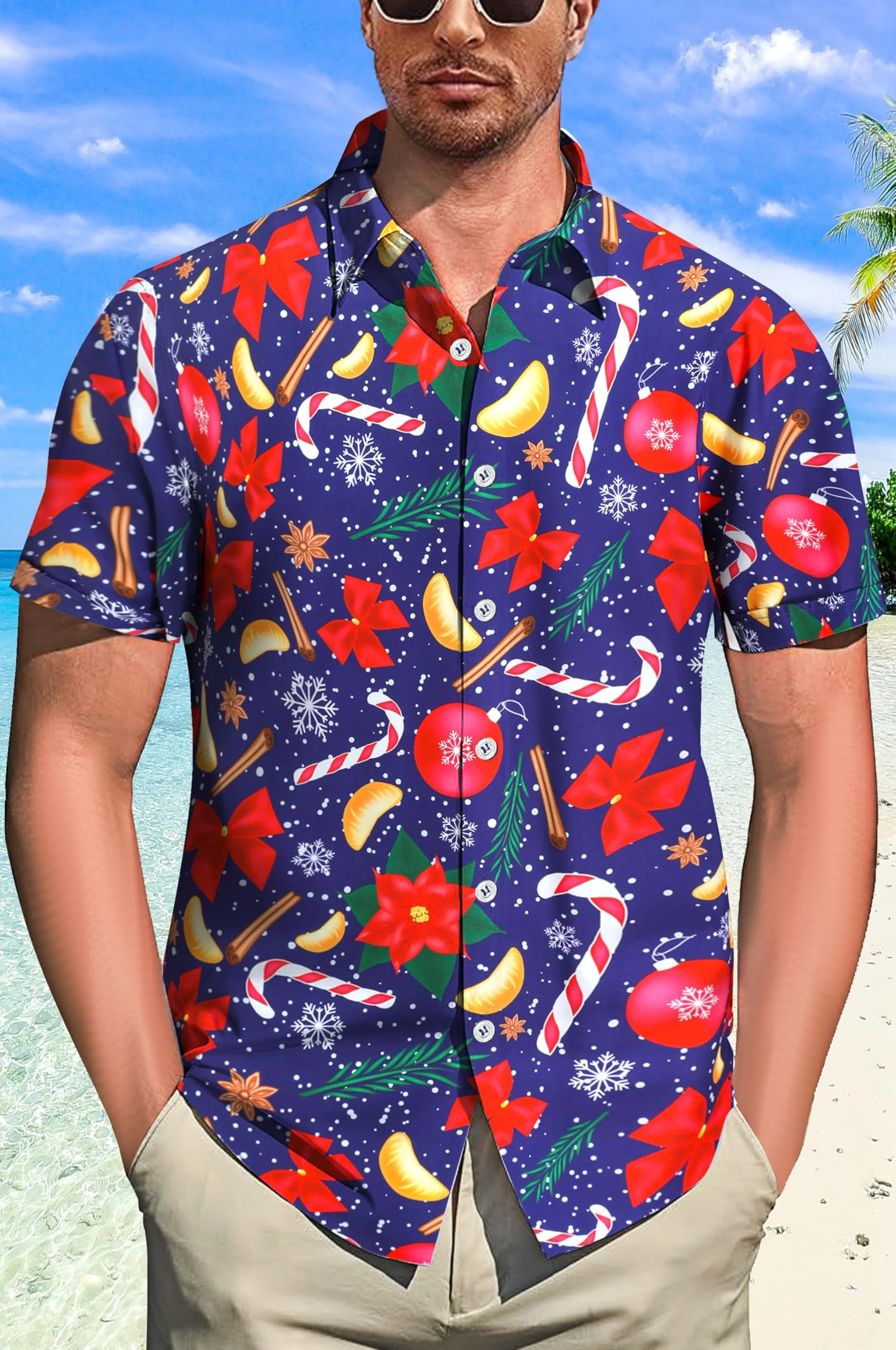 Men's Christmas Shirt Button Down Funny Printed Casual Short Sleeve Hawaiian Santa Shirt, Christmas Blue 1089, Large