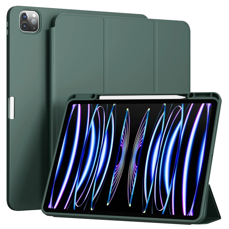 GKABXY Case for iPad Air 13 Inch (M3/M2) 2025/2024, ipad Pro 12.9 inch 6th/5th/4th Generation 2022/2021/2020, Soft TPU Back Cover with Pencil Holder, Auto Wake/Sleep, Trifold Stand case, Dark Green