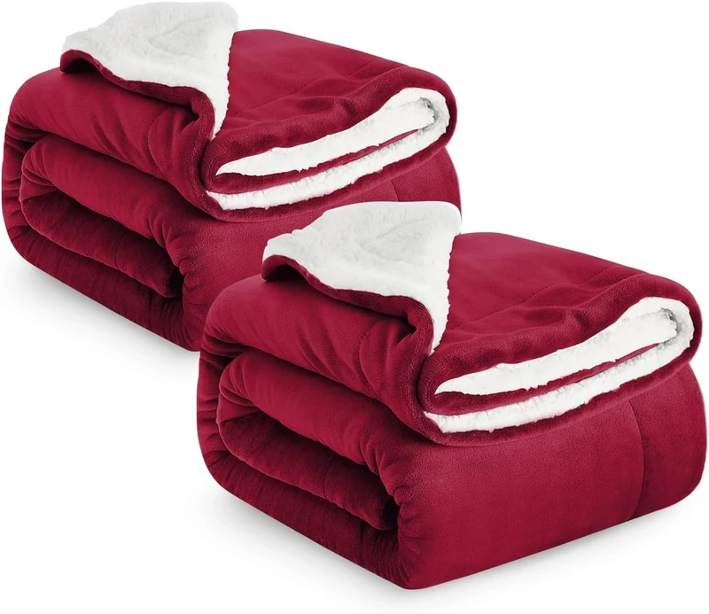 IR Imperial Rooms Sherpa Fleece Blanket Pack of 2 Bed Throws Blankets For Sofas Soft Fluffy Thick Blanket Reversible Microfiber Throw (Burgundy, Queen (200 x 240 Cm))