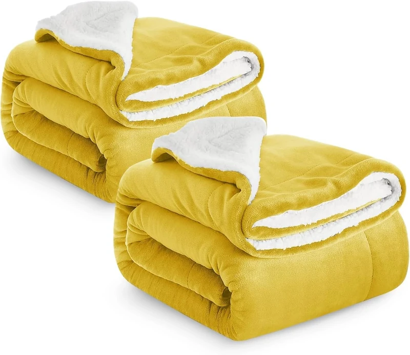IR Imperial Roomss Sherpa Fleece Blanket Pack of 2 Bed Throws Blankets For Sofas Soft Fluffy Thick Blanket Reversible Microfiber Throw (Ochre, Queen (200 x 240 Cm))
