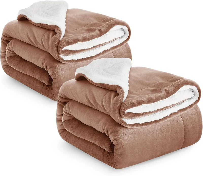 IR Imperial Rooms Sherpa Fleece Blanket Pack of 2 Bed Throws Blankets For Sofas Soft Fluffy Thick Blanket Reversible Microfiber Throw (Camel, Queen (200 x 240 Cm))