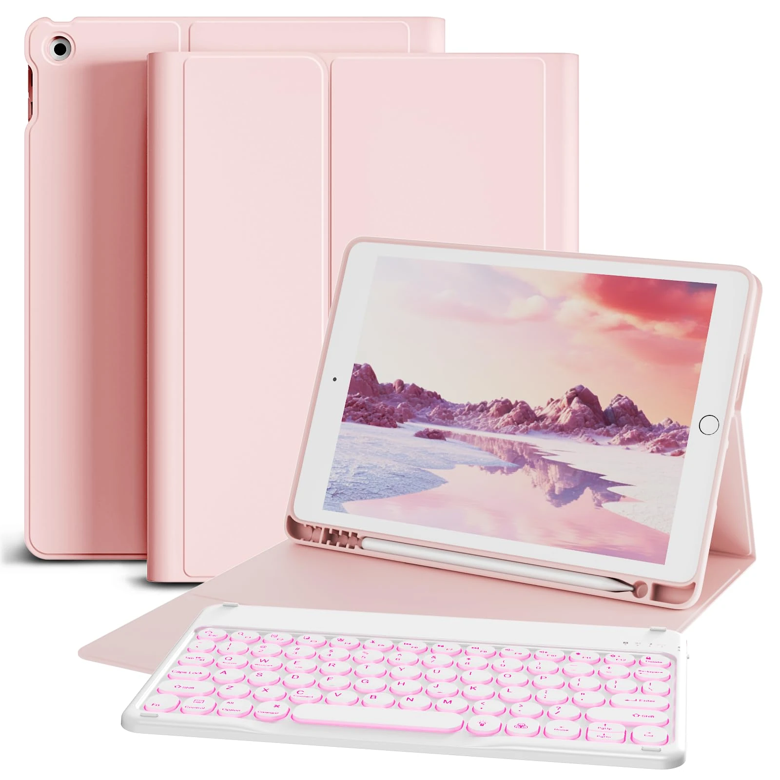 GKABXY Case with Keyboard for iPad 9th/8th/7th Generation (2021/2020/2019) 10.2 Inch with Pen Holder, Soft TPU Back, 7 Colors Backlit Detachable Wireless Bluetooth Round Key Keyboard, Pink