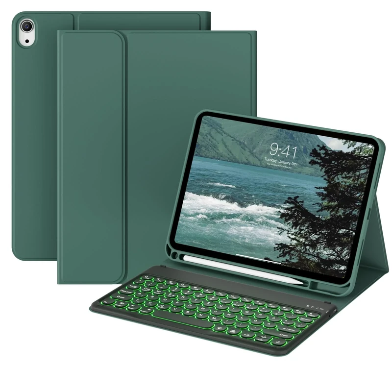 GKABXY Case with Keyboard for New iPad (A16) 10th/11th Generation, 10.9/11 inch (2022/2025) Soft TPU Back with Pen Holder, 7 Colors Backlit Detachable Folio Keyboard case, Auto Sleep/Wake, Dark Green