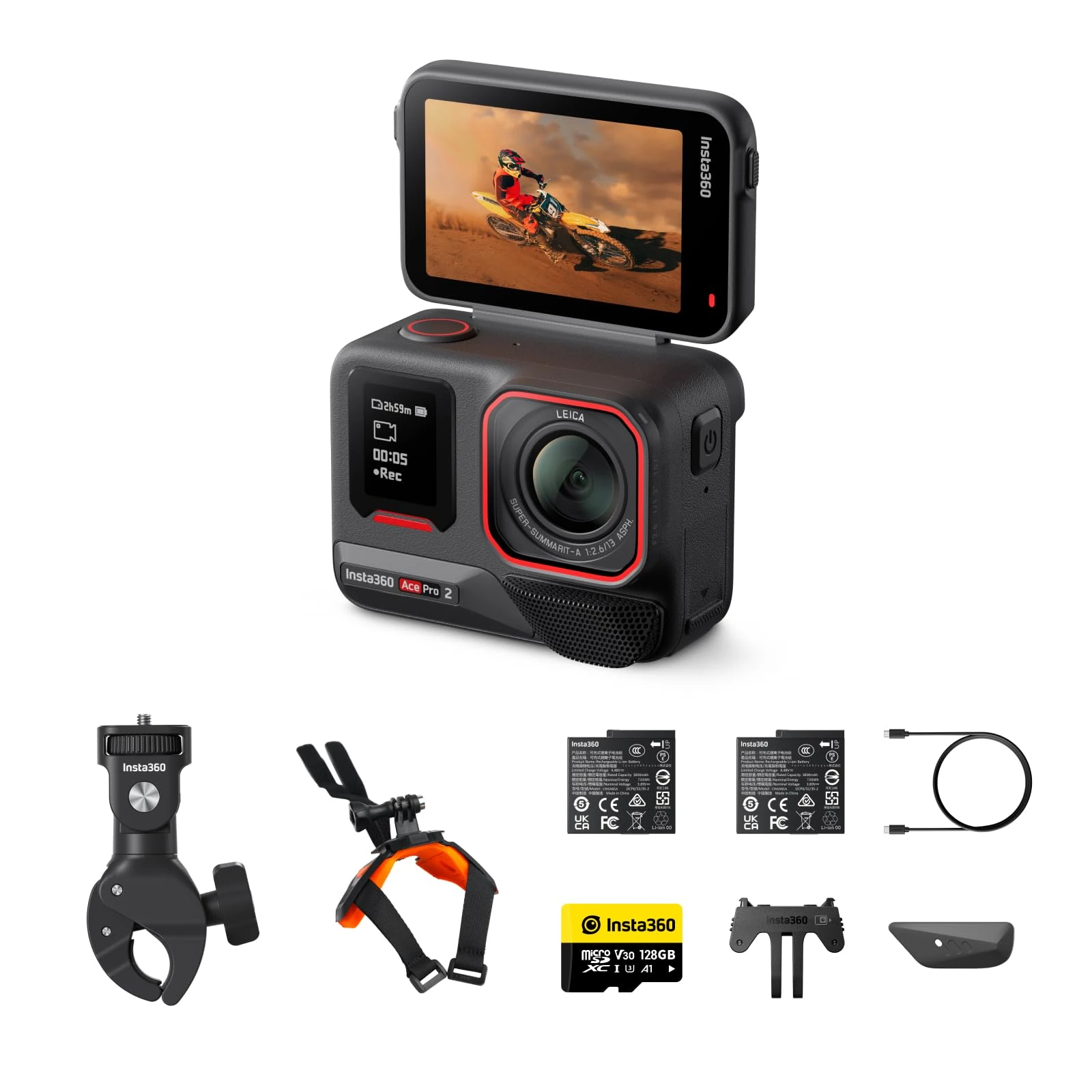 Insta360 Ace Pro 2 Motorcycle Bundle - 8K Waterproof Action Camera Co-Engineered with Leica, 1/1.3" Sensor, Dual AI Chip, Leading Low Light, Superior Audio, Flip Screen & AI Editing for Vlogs