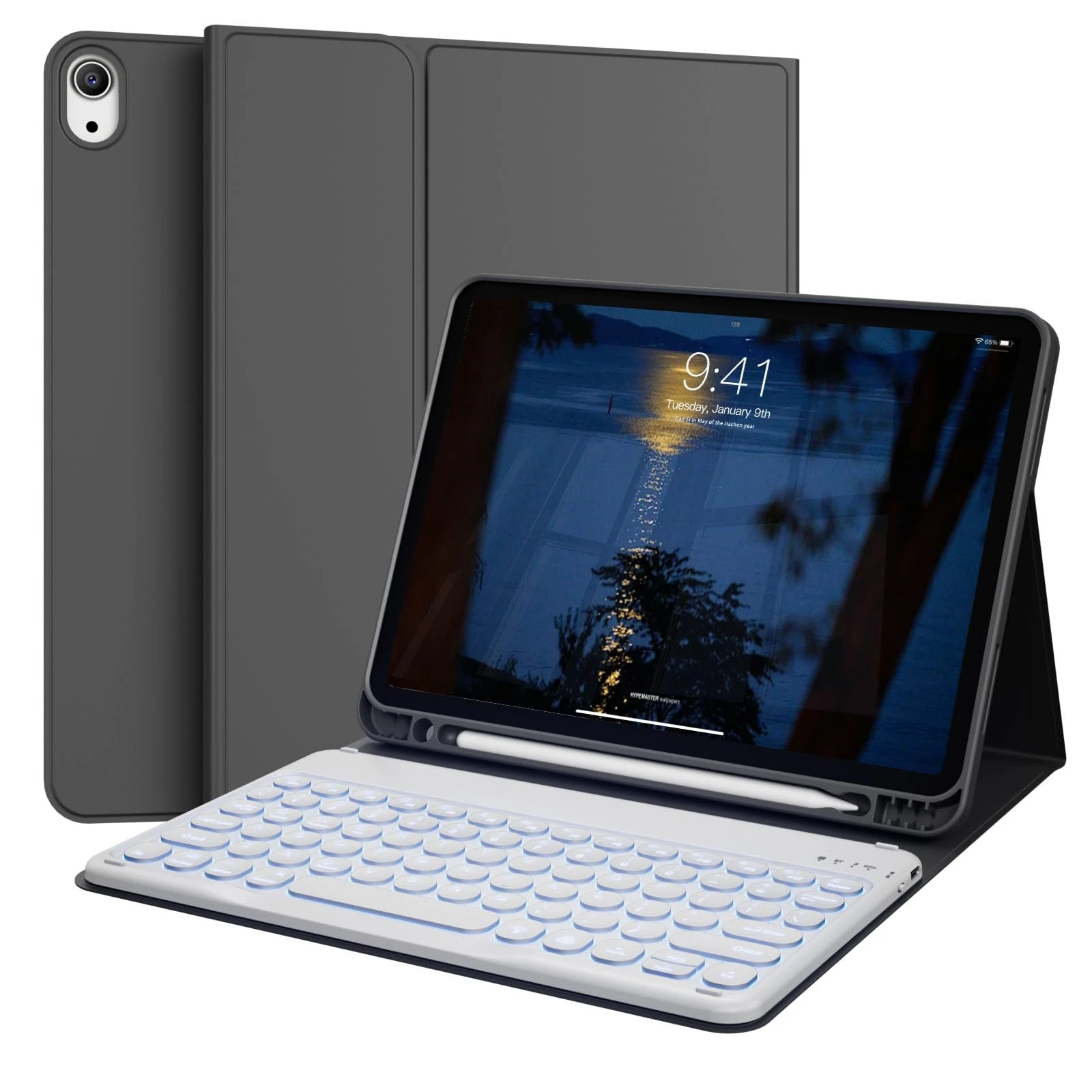 GKABXY for ipad (A16) 10th/11th Generation case with Keyboard (2022/2025) 10.9/11 Inch, Soft TPU Back with Pen Holder, 7 Colors Backlit Bluetooth Round Key Keyboard, Auto Sleep/Wake, Black