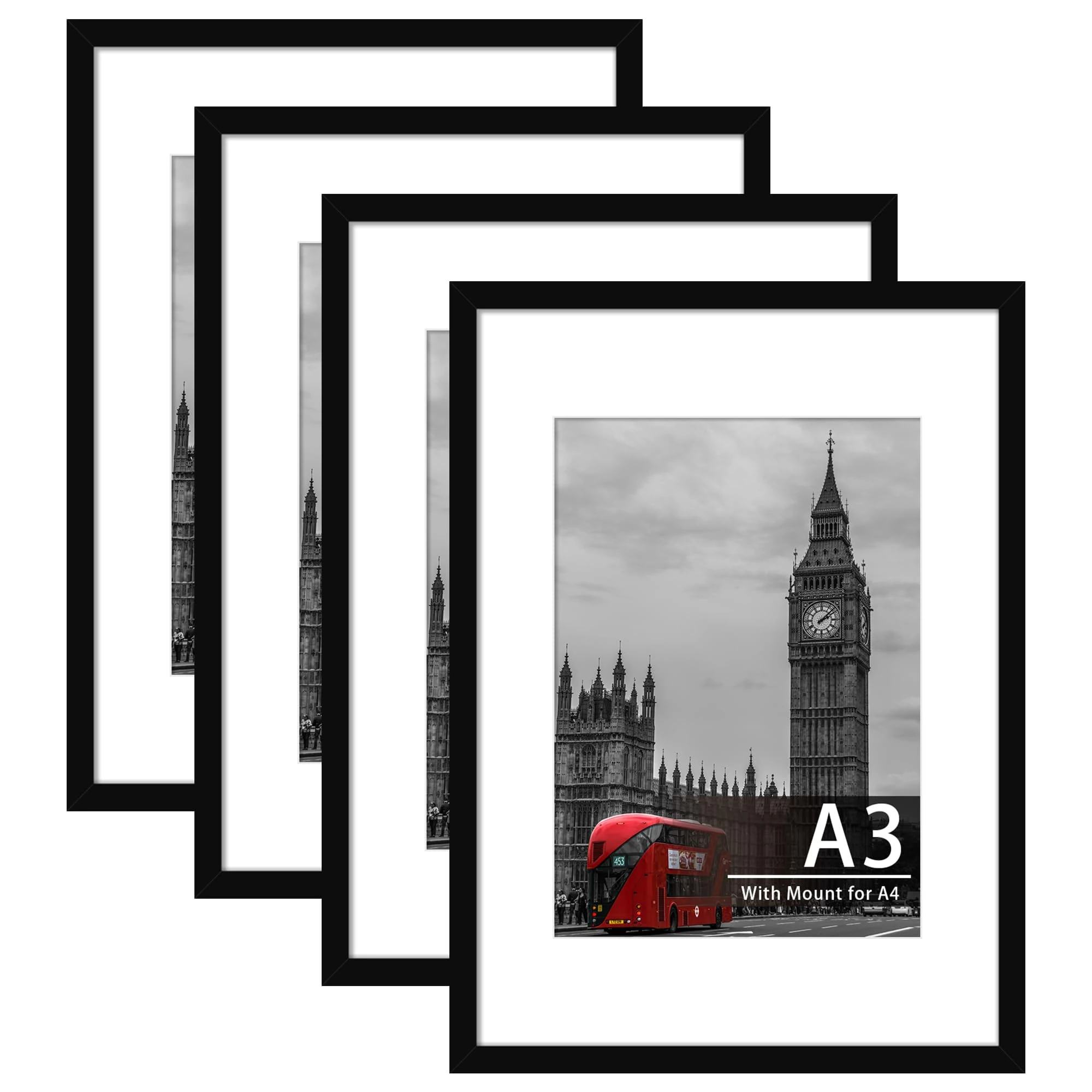 Tinkeps 4 Pack A3 Black Picture Frame, Engineered Wood and Plexiglass, A3 Frame with Mount for A4 Prints, Photos, and Posters, Wall Mountable, A3(29.7x42cm) Photo Frame