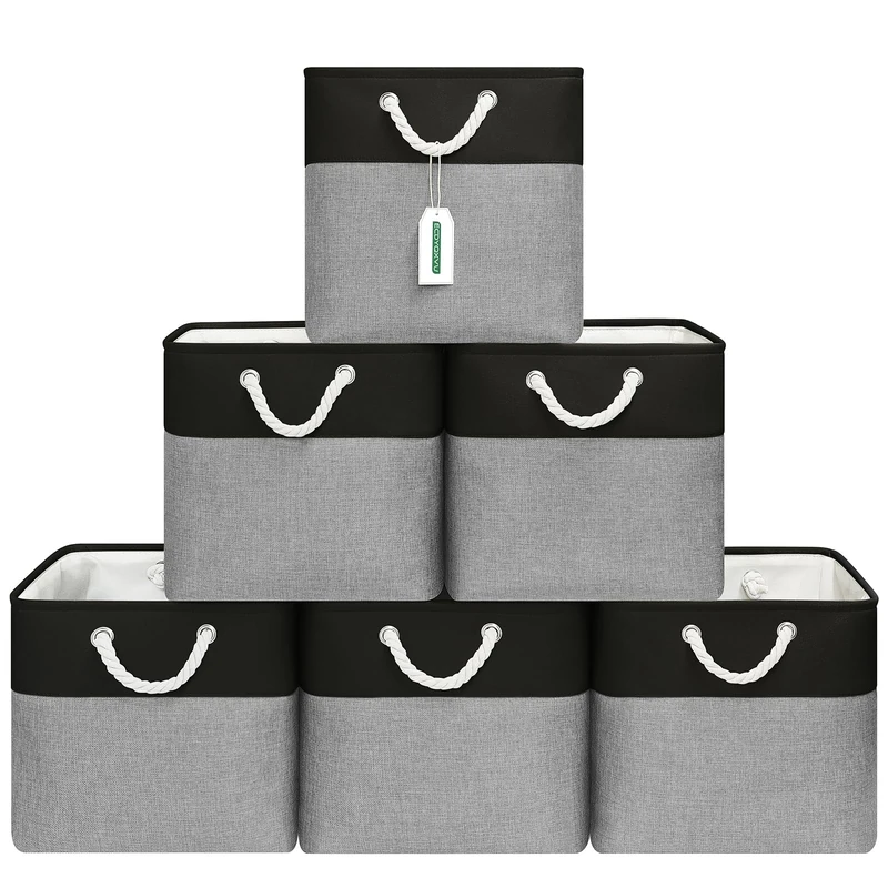 ECDYQXVU 13x13 Inch Cube Storage Bins with Reinforced Bottom Cardboard, 6 Pack Large Foldable Fabric Storage Cubes with Handles for Shelf, Closet, Laundry Organization (Black&Gray)