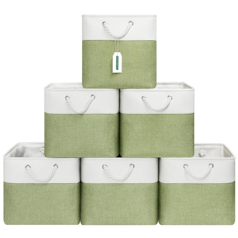 ECDYQXVU 13 x 13 Inch Fabric Storage Cubes, 6 Pack White&Green Linen Foldable Storage Bins