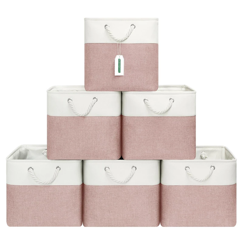 ECDYQXVU 13x13 Inch Cube Storage Bins with Reinforced Bottom Cardboard, 6 Pack Large Foldable Fabric Storage Cubes with Handles for Shelf, Closet, Laundry Organization (White&Pink)