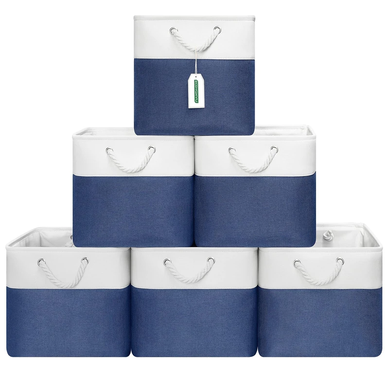 ECDYQXVU 13x13 Inch Cube Storage Bins with Reinforced Bottom Cardboard, 6 Pack Large Foldable Fabric Storage Cubes with Handles for Shelf, Closet, Laundry Organization (White&Navy Blue)