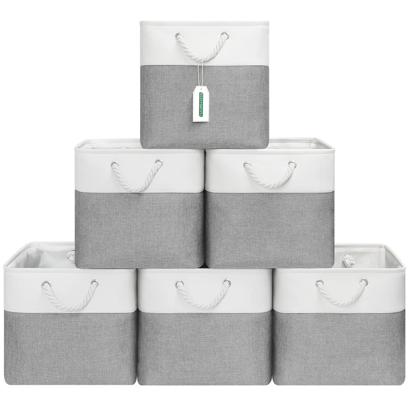 ECDYQXVU 13x13 Inch Cube Storage Bins with Reinforced Bottom Cardboard, 6 Pack Large Foldable Fabric Storage Cubes with Handles for Shelf, Closet, Laundry Organization (White&Gray)
