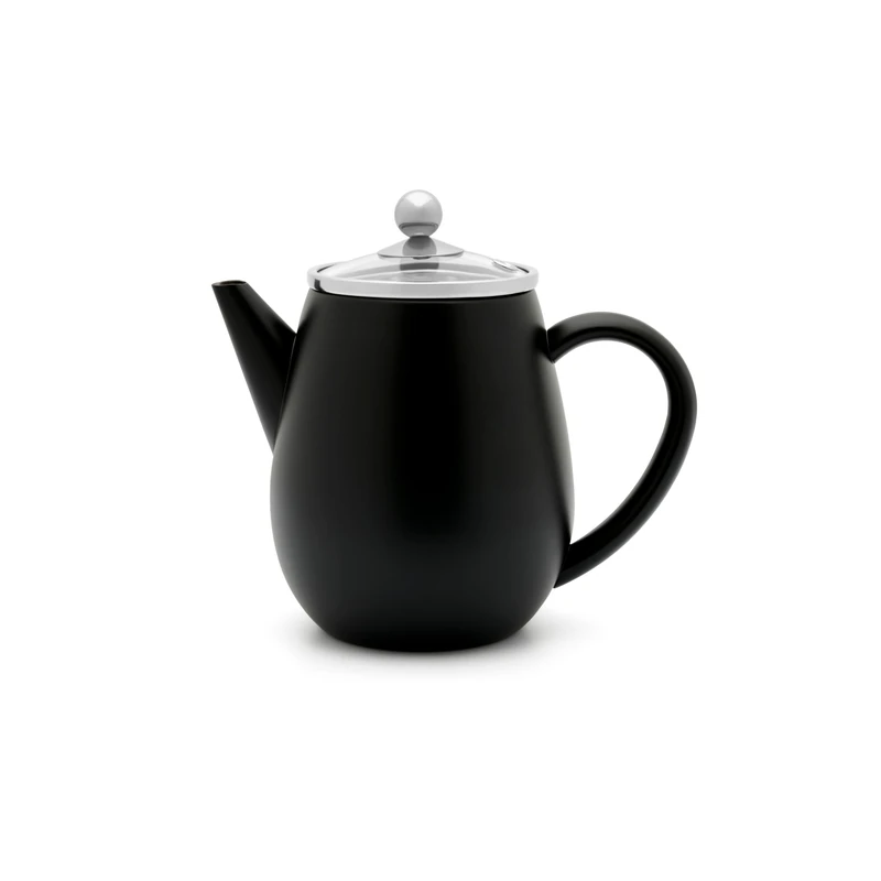 Bredemeijer Double-Walled Teapot 0.5 litres - Small Insulating Stainless Steel Jug Black with Glass Lid & Tea Filter Strainer Insert - Ideal for Loose Teas