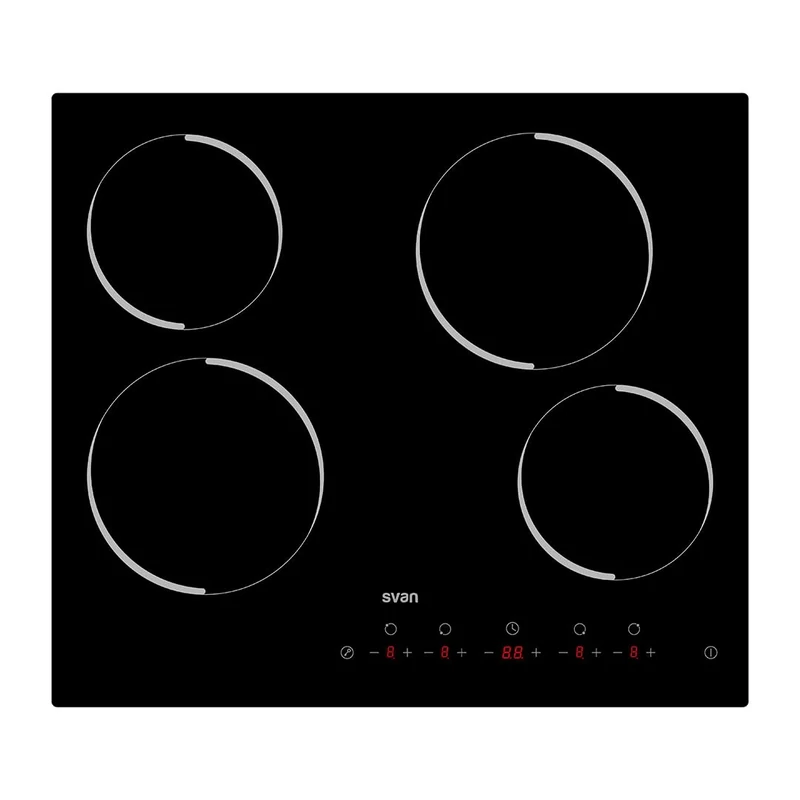 Svan Placa Vitrocerámica Cristal negro SV4601. Potencia máx. 6600 W, 4 Zonas de Cocción, 9 Niveles de Cocción, Control Táctil, Bloqueo y Autodesconexión de Seguridad