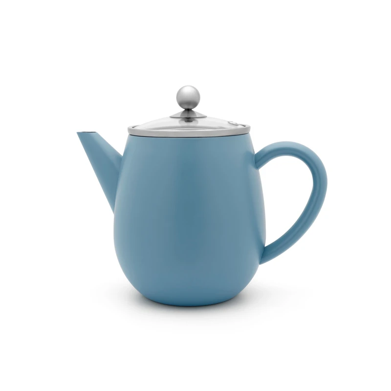 Bredemeijer Double-Walled Teapot 1.1 litres - Blue Insulating Stainless Steel Jug with Glass Lid & Tea Filter Strainer Insert - for Loose Teas