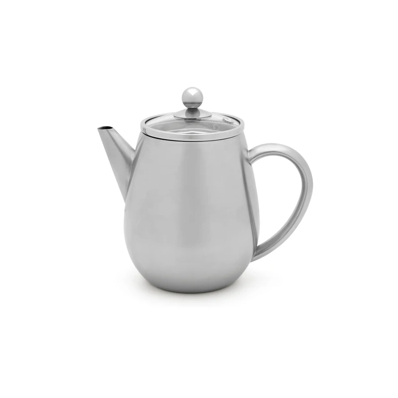 Bredemeijer Double-Walled teapot 0.5 litres - Small Insulating Stainless Steel jug Silver with Glass lid and Tea Filter Strainer Insert - Ideal for Loose teas