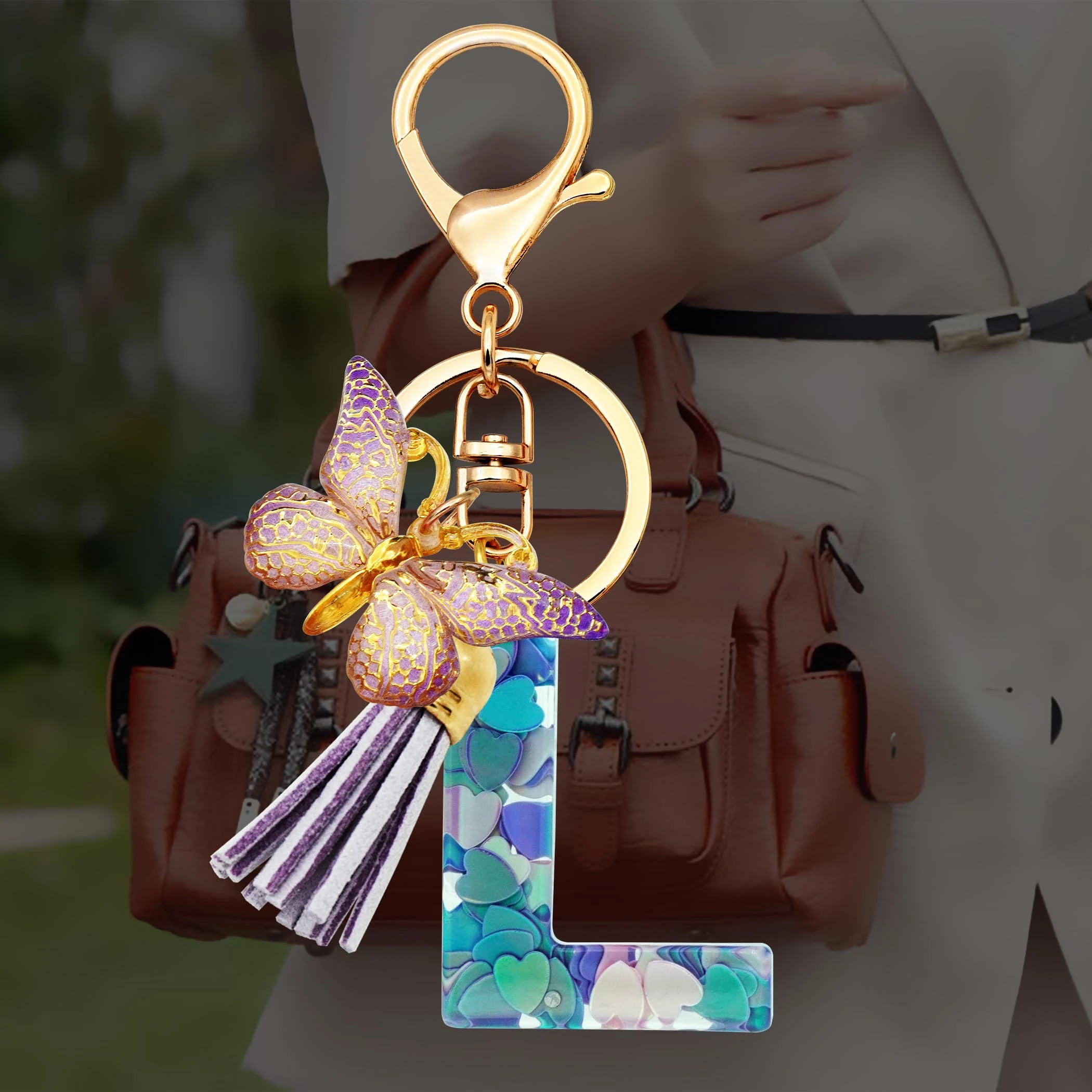 Alphabet Initial Letter Keychain for Women gift To Girls Tassel Butterfly Pendant Key Ring for Backpack School Bag, Purple-l, Standard