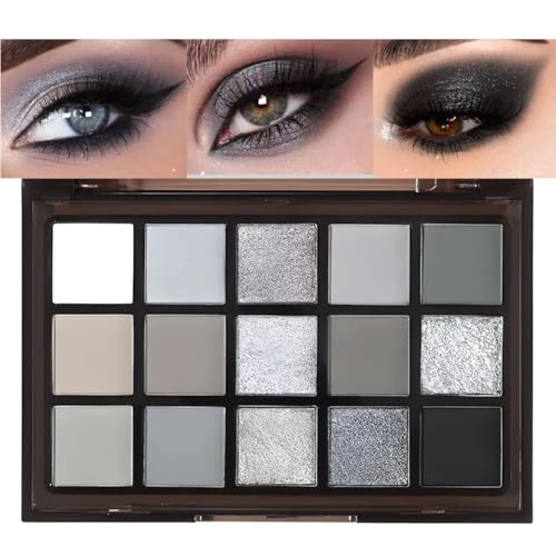 GUANTIAN Smokey Eye Shadow Palette Black - 15 Colours True Black Dark Grey Smokey Goth Makeup Palette - 15 Highly Pigmented Black, White and Grey Base Tones with Soft Matte Shine (