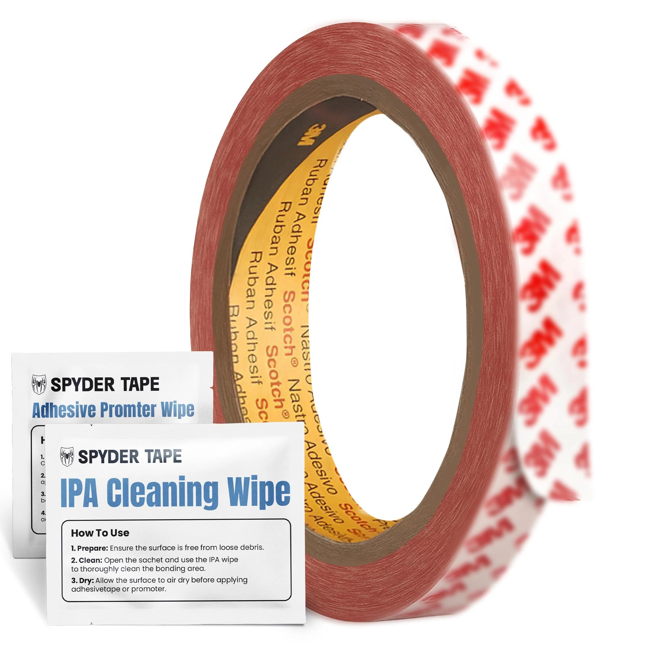 9088 Thin Double Sided Adhesive Tape - High Tack Transparent Mounting Tape for Plastic, Metal, Glass & Smooth Surfaces - Industrial Strength Clear Acrylic Adhesive 19mm x 10m with IPA & Promoter Wipes