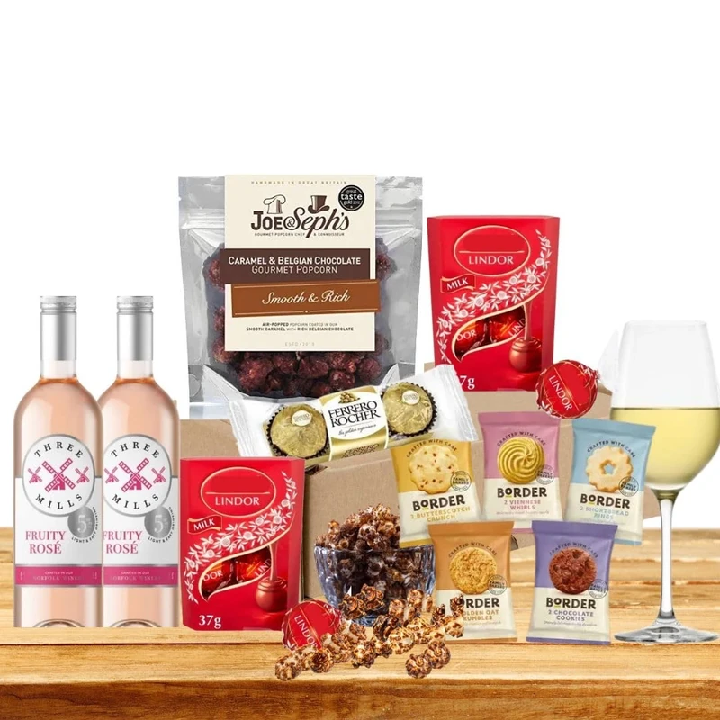 Chocolate Hamper & Rosé Wine Gift Set- Ferreros Rochers, Almond Biscuits & Lindts Lindor Assorted Truffles and Popcorn- Valentine's Day, Mother's Day Gift