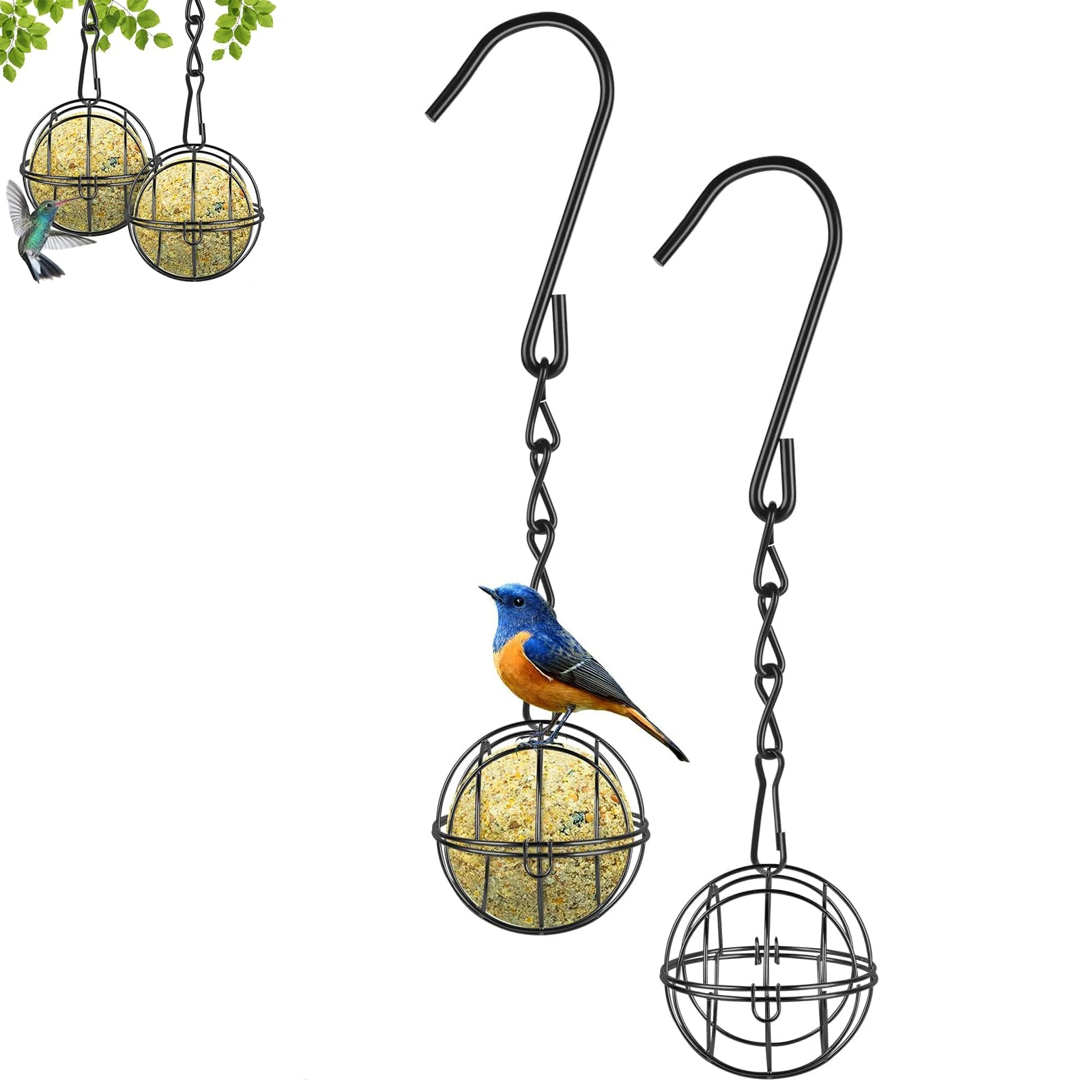 2 Pcs Fat Ball Bird Feeders, Hanging Bird Feeder Metal Fat Ball Bird Holder with 2 S-shaped hooks for Outdoor Garden Wildlife Birds Finch Sparrow Robin