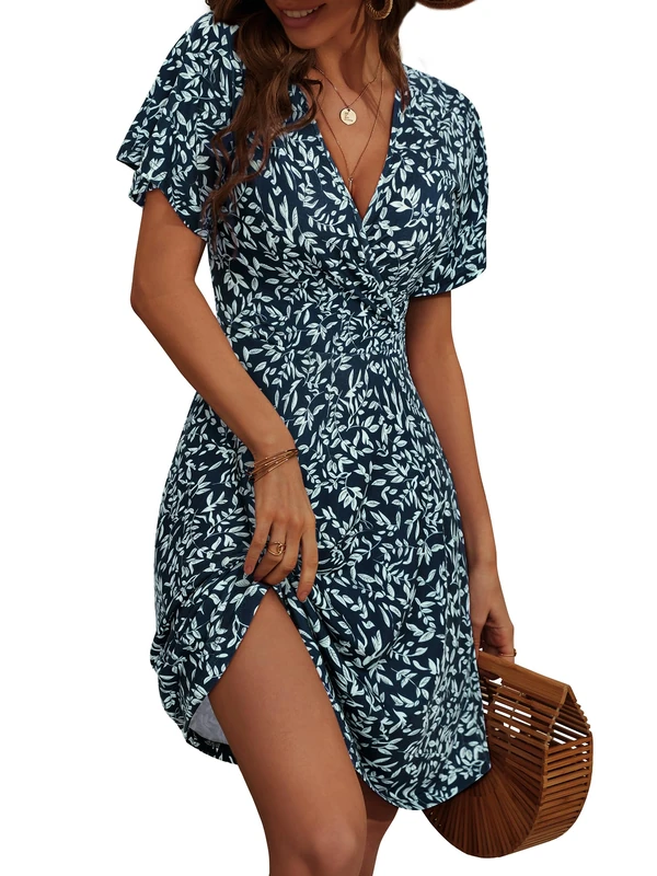 FENSACE Womens Sundress Summer Floral Short Sleeve Wrap V Neck A-Line Midi Dress, Floral-15, XXL - Image 1