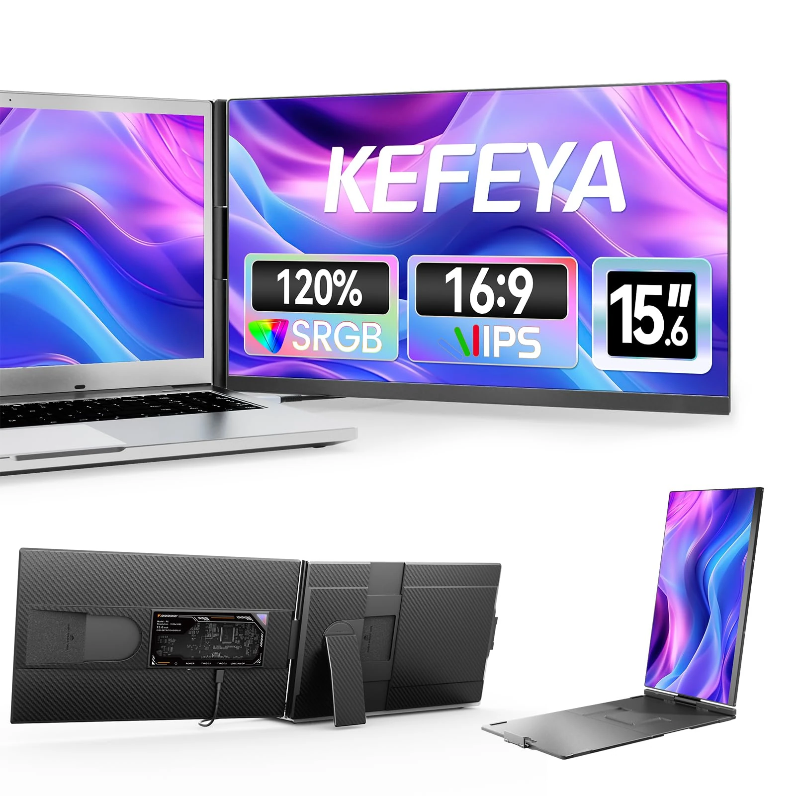 KEFEYA 15.6” Laptop Screen Extender fits A-ll Laptops 120% sRGB Upgraded Portable Monitor FHD 1080P IPS Laptop Monitor Extender Plug-Play for Mac, Windows, Chrome, Android
