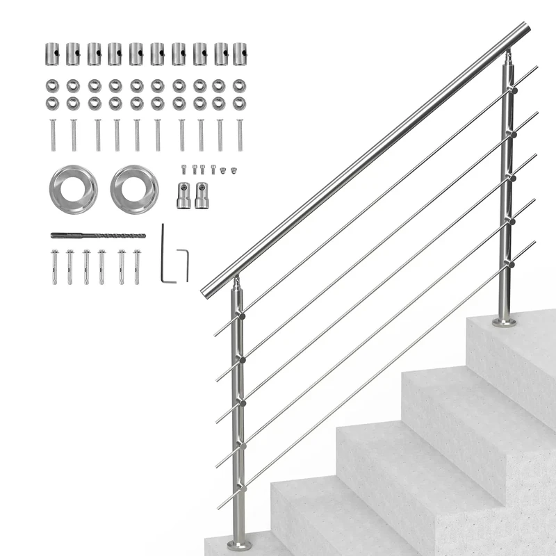 VEVOR Handrails for Outdoor Steps, 59 in Length 5 Crossbars Stair Hand Rail Kit, Transitional Stainless Steel Railings w/Installation Kit, Double-Column Staircase Handrails for Seniors,Porch & Deck