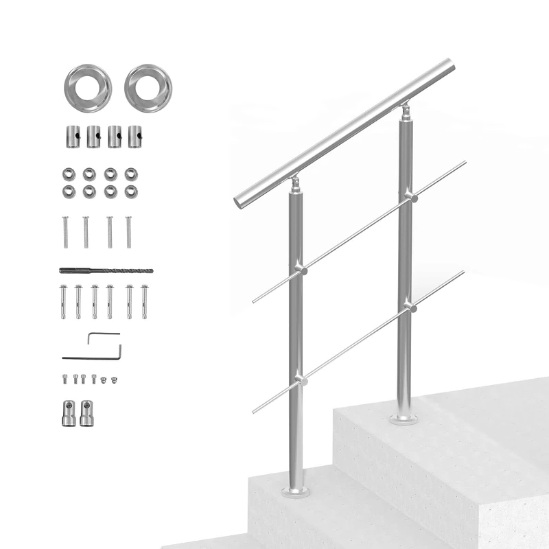 VEVOR Handrails for Outdoor Steps, 31.5in Length 2 Crossbars Stair Hand Rail Kit, Transitional Stainless Steel Railings w/Installation Kit, Double-Column Staircase Handrails for Seniors,Porch & Deck