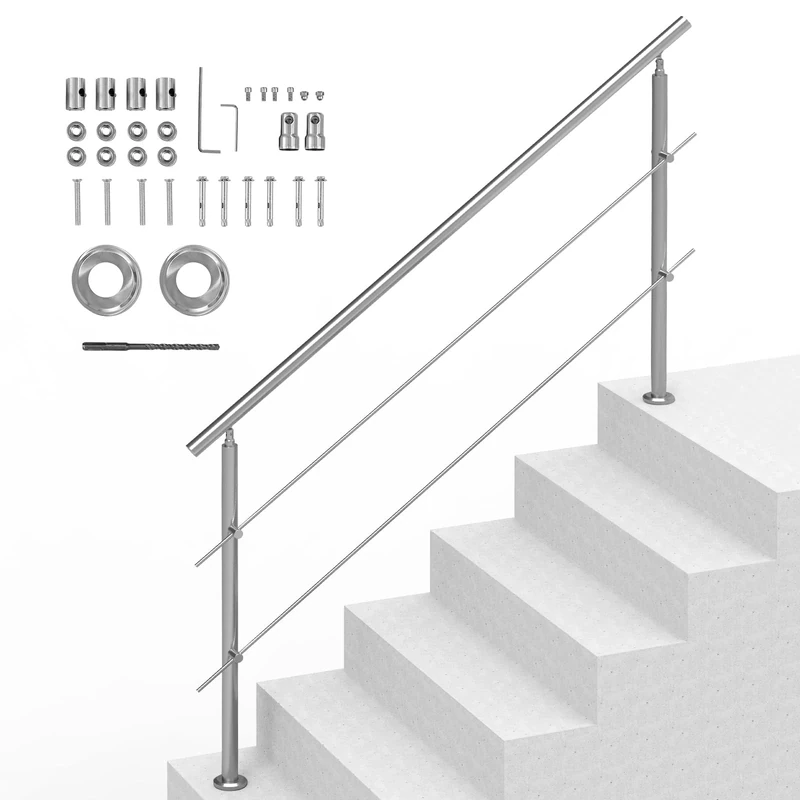 VEVOR Handrails for Outdoor Steps, 70.9in Length 2 Crossbars Stair Hand Rail Kit, Transitional Stainless Steel Railings w/Installation Kit, Double-Column Staircase Handrails for Seniors,Porch & Deck