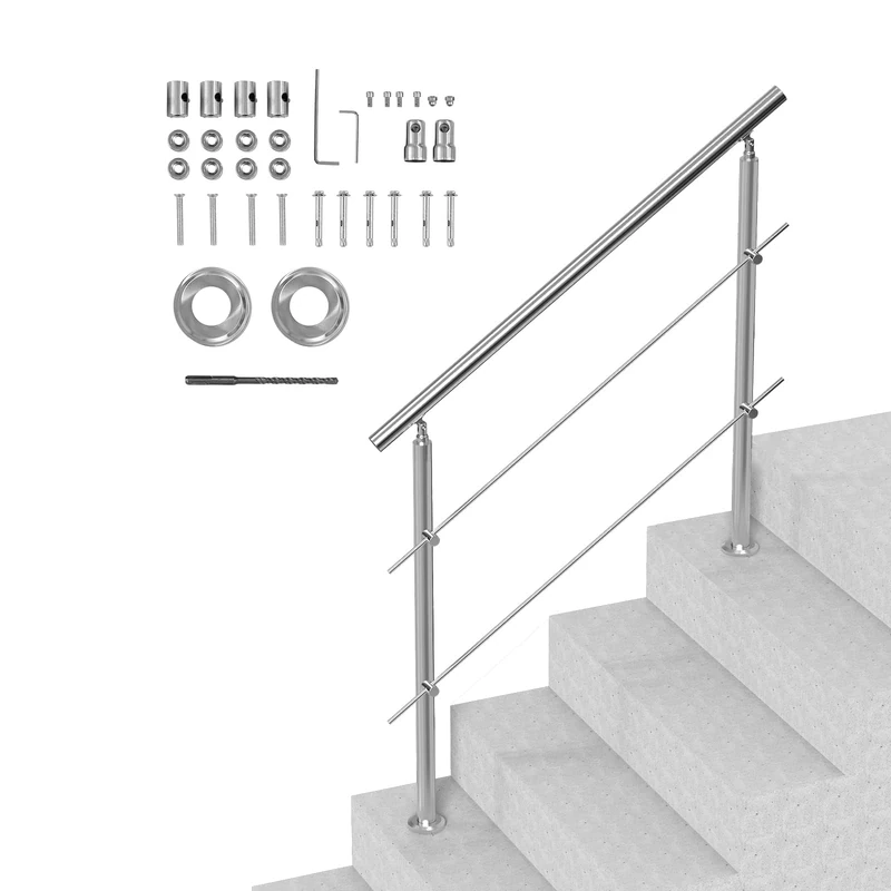 VEVOR Handrails for Outdoor Steps, 47.2in Length 2 Crossbars Stair Hand Rail Kit, Transitional Stainless Steel Railings w/Installation Kit, Double-Column Staircase Handrails for Seniors,Porch & Deck