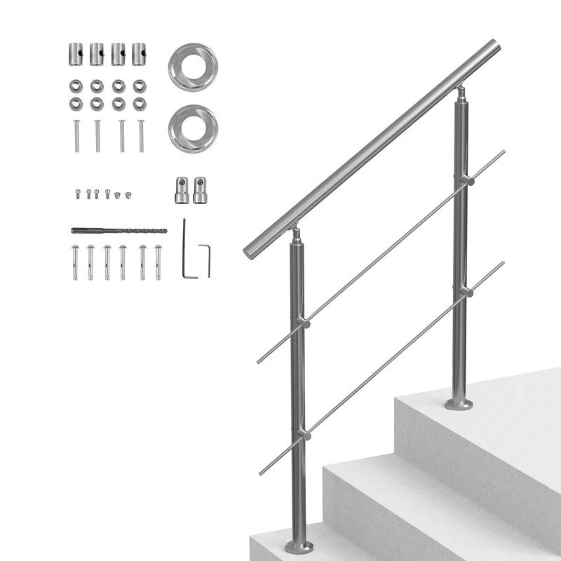 VEVOR Handrails for Outdoor Steps, 39.4 in Length 2 Crossbars Stair Hand Rail Kit, Transitional Stainless Steel Railings w/Installation Kit, Double-Column Staircase Handrails for Seniors,Porch & Deck