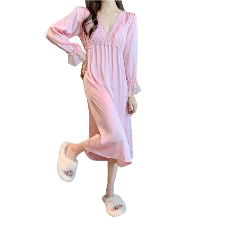 Sexy Pajamas Women's Spring and Autumn net red Long-Sleeved ice Silk Pajamas Long Skirt Home Clothes (D Medium) - Image 1