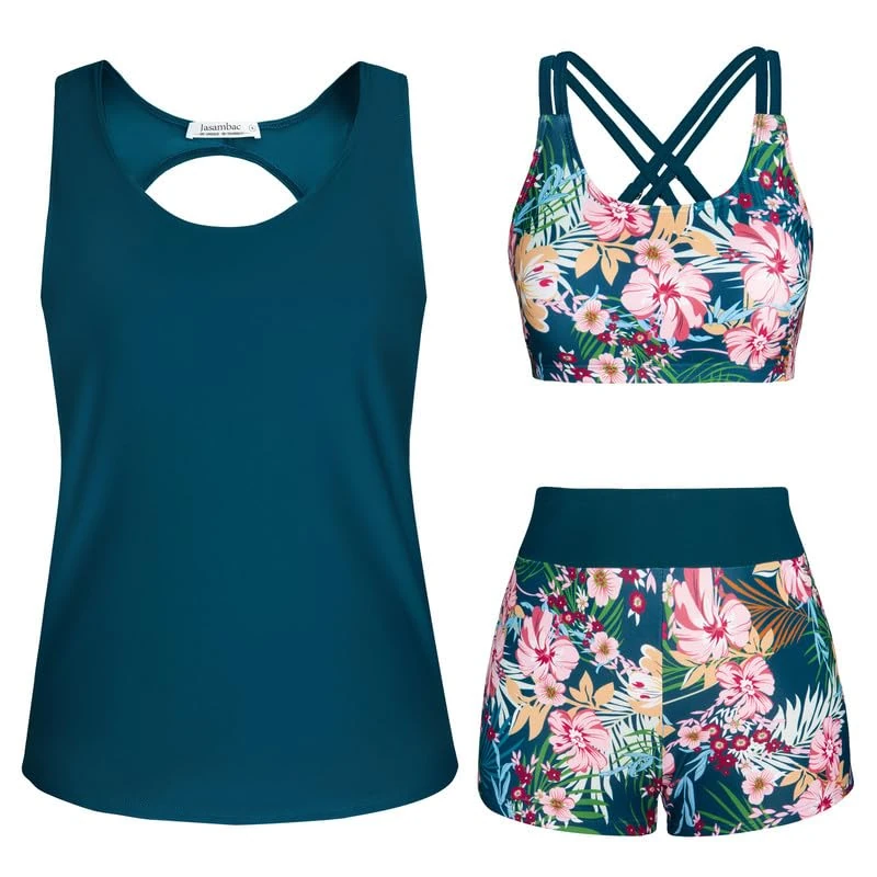 Women Swimming Costume，3 Piece Tankini Swimsuit for Women Swimwear Tank Top with Bikini Top Boyshort Set
