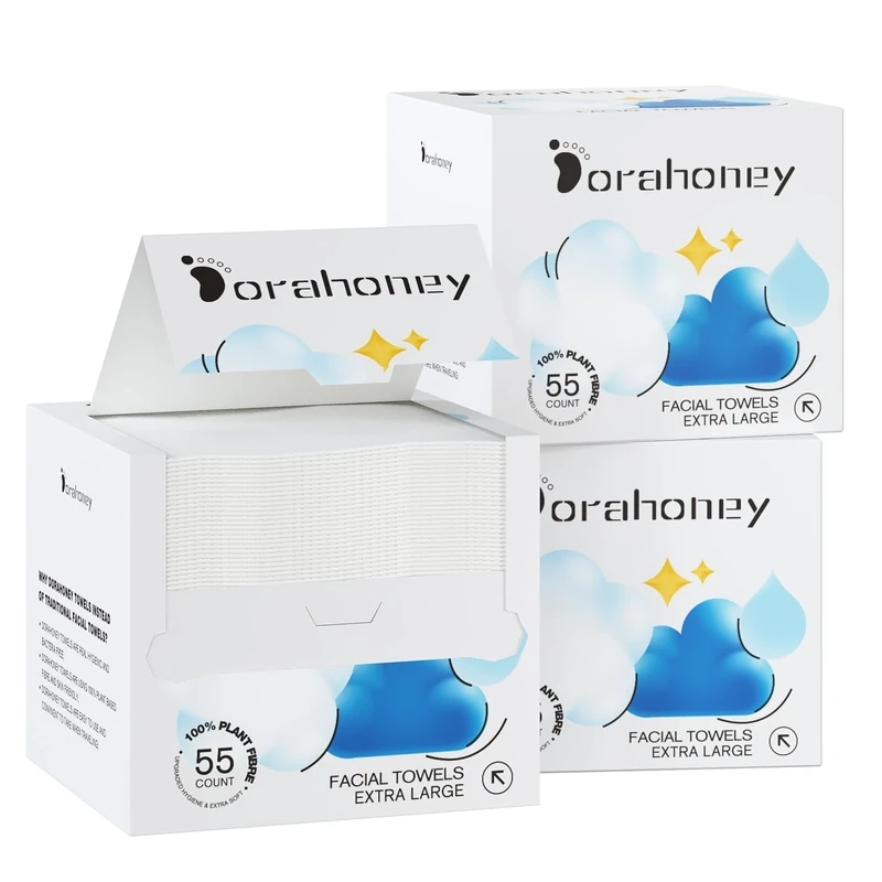 Dorahoney Disposable Face Towels, 12"×12" Extra Large Face Towelettes, Ultra Soft Facial Towels for Sensitive Skin, Makeup Remover Dry Wipes, 165 Count (3 Packs of 55)