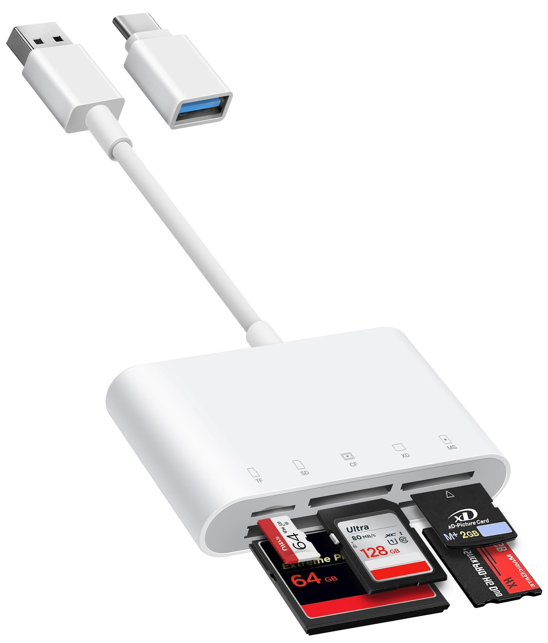 BnmxTek USB-A and USB-C to SD Card Reader, Trail Camera Card Adapter with SD MicroSD CF Compact Flash Memory Stick XD Picture 5 Slots for iPhone 15 16 iPad Mac MacBook Pro/Air Laptop Pc