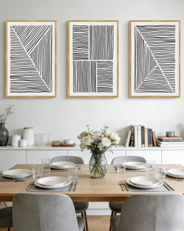 Drsoum Mid-Century Modern Framed Wall Art Large 24x36in Minimalist Abstract Boho Black Line Wall Decor Geometric Artwork Kitchen Dining Room Black Framed