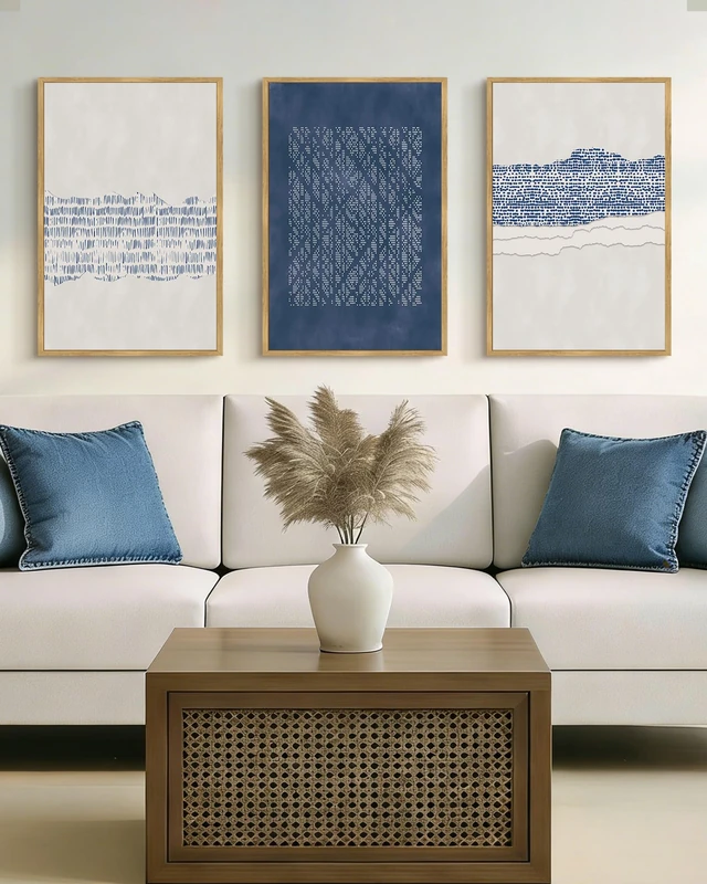 Drsoum Blue Abstract Boho Framed Wall Art Large 16x24in Minimalist Mid-Century Modern Wall Decor Geometric Artwork Kitchen Dining Room Natural Framed