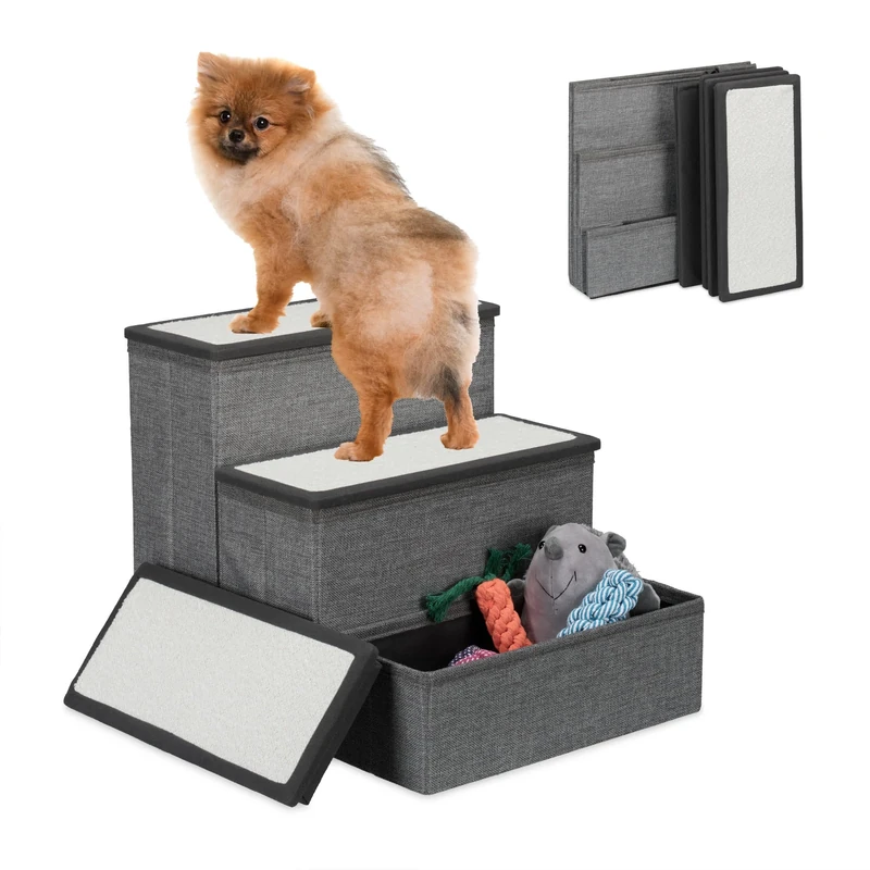Relaxdays Dog Stairs, 3 Steps, with Storage, for Cats & Pets, HWD: 39 x 40 x 49 cm, for Bed & Sofa, Folding, Grey/White, Polyester, Fibreboard