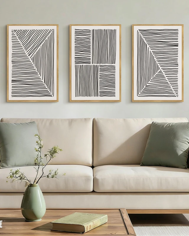 Drsoum Mid-Century Modern Framed Wall Art Large 16x24in Minimalist Abstract Boho Black Line Wall Decor Geometric Artwork Kitchen Dining Room Natural Framed