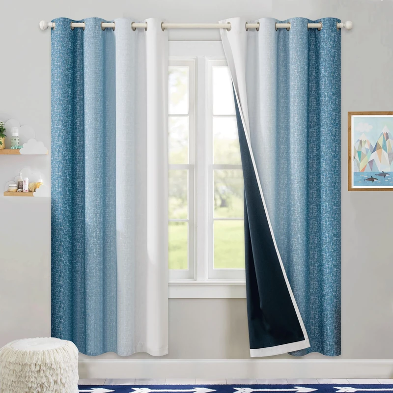 Geomoroccan Ombre 100% Blackout Curtains 72 Inch Length 2 Panels for Bedroom Blue White Gradient Patterned Room Darkening Thermal Insulated Grommet Window Treatment Drapes,52x72, 2 Set