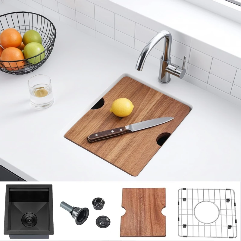 KINGO Home Black Undermount Bar Sink, 13x15 Inch Stainless Steel Small Workstation RV Sinks 16 Gauge Ledge Kitchen Gunmetal Black Single Bowl Kitchen Wet Bar Prep Sink with Accessories