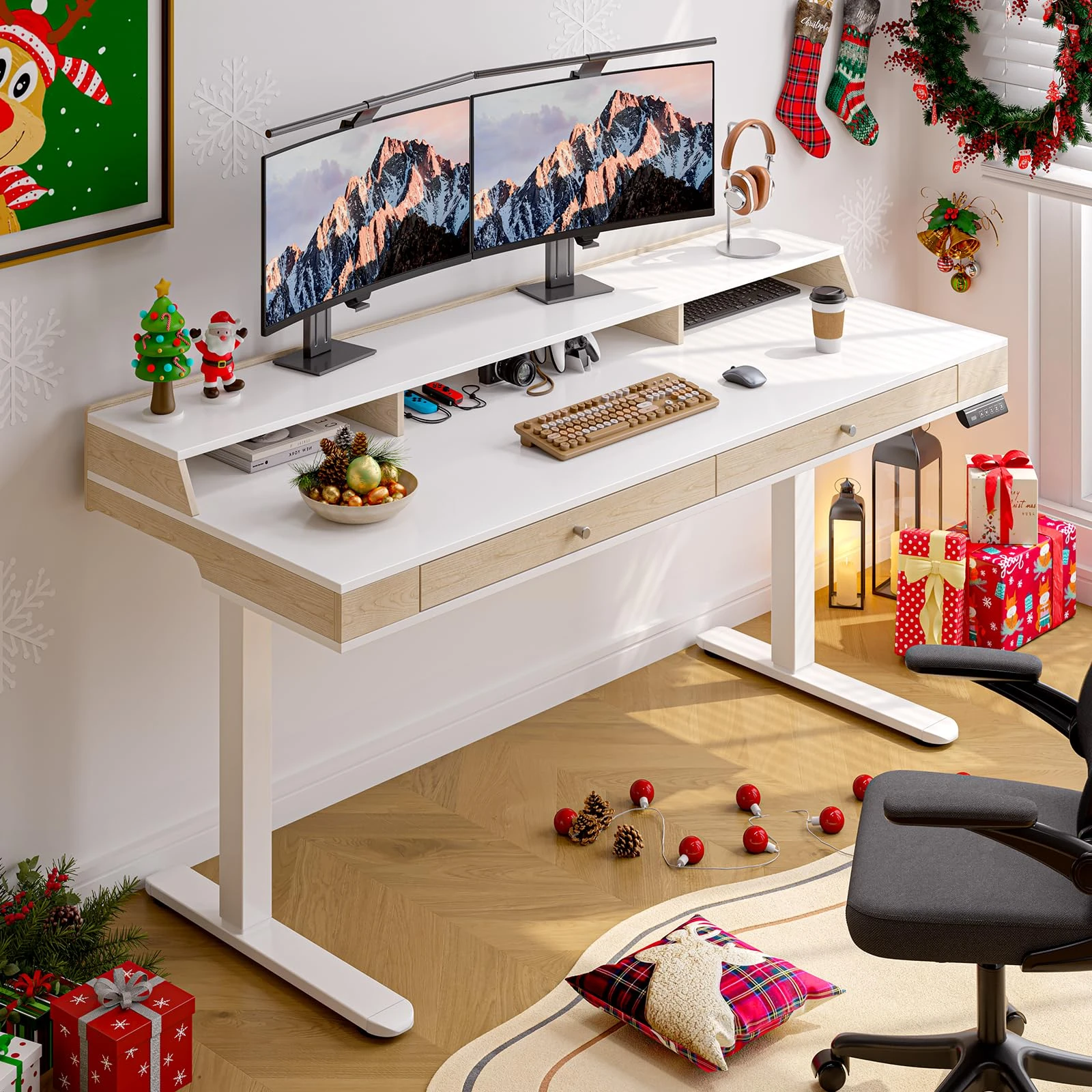 ONBRILL Standing Desk with Drawers, 47.2x23.6 Inch Electric Stand Up Desk with Storage Shelf and Memory Controller, Sit Stand Desk Adjustable Height from 28-46 Inches for Computer Workstation, White