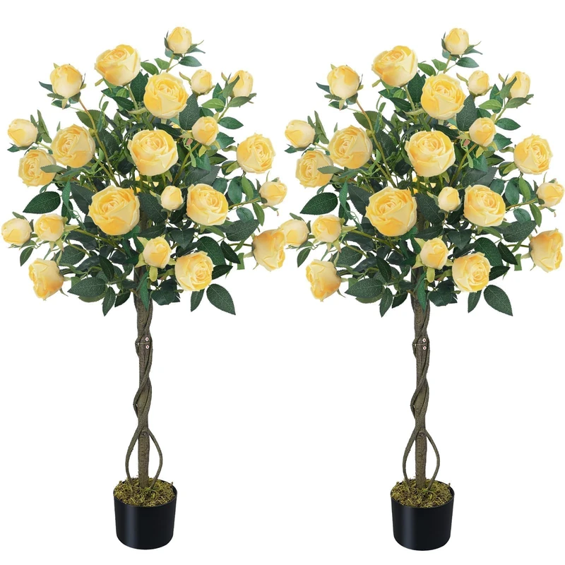 HUAESIN 2 Pack 47.2"/4FT Artificial Rose Tree Fake Outdoor Tree with 52 Blooming Flowers Yellow Tree for Home Front Door Winter Christmas Indoor Decor (Including Dried Moss)