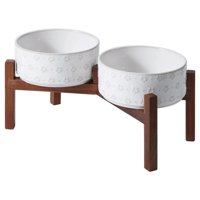 Havniva 7.3inch Ceramic Raised Double Bowls Set with Acacia Wood Stand, Food & Water Bowls for Medium Breed Dogs, Weighted Dog Dishes, Pet Bowl(41OZ, Arctic White)