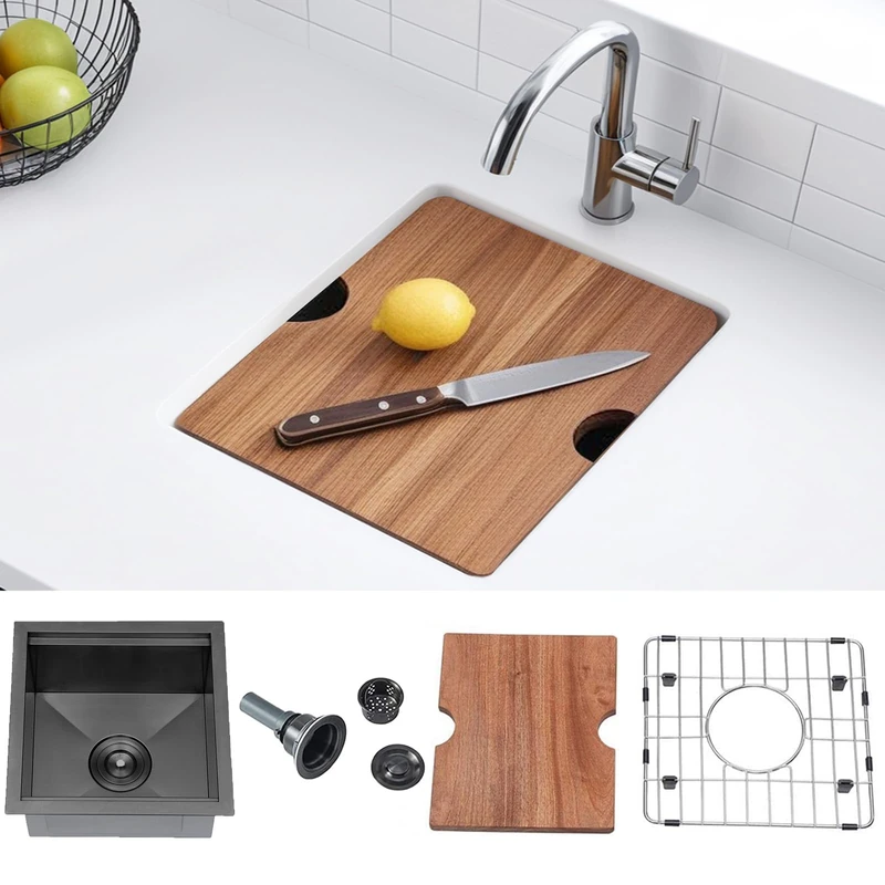 KINGO Home Black Undermount Bar Sink, 15x15 Inch Stainless Steel Small Workstation RV Sinks 16 Gauge Ledge Kitchen Gunmetal Black Single Bowl Kitchen Wet Bar Prep Sink with Accessories