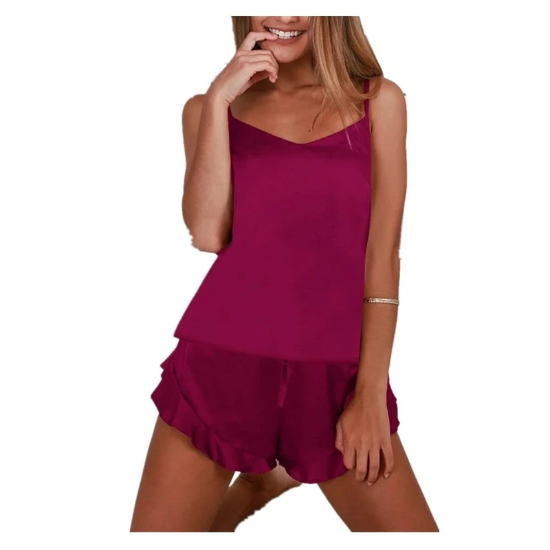 women's chemises & negligees women satin silk pajamas set lingerie sleepwear lace up shorts set sleeveless soft nightwear women comfortablelingerie set