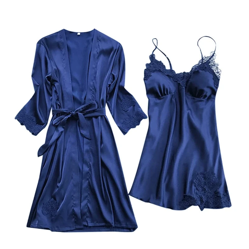 ladies comfortablelingerie set comfortable silks cami sleepwear underwear set pajama set with robe women's nightwear comfy pyjamas navy