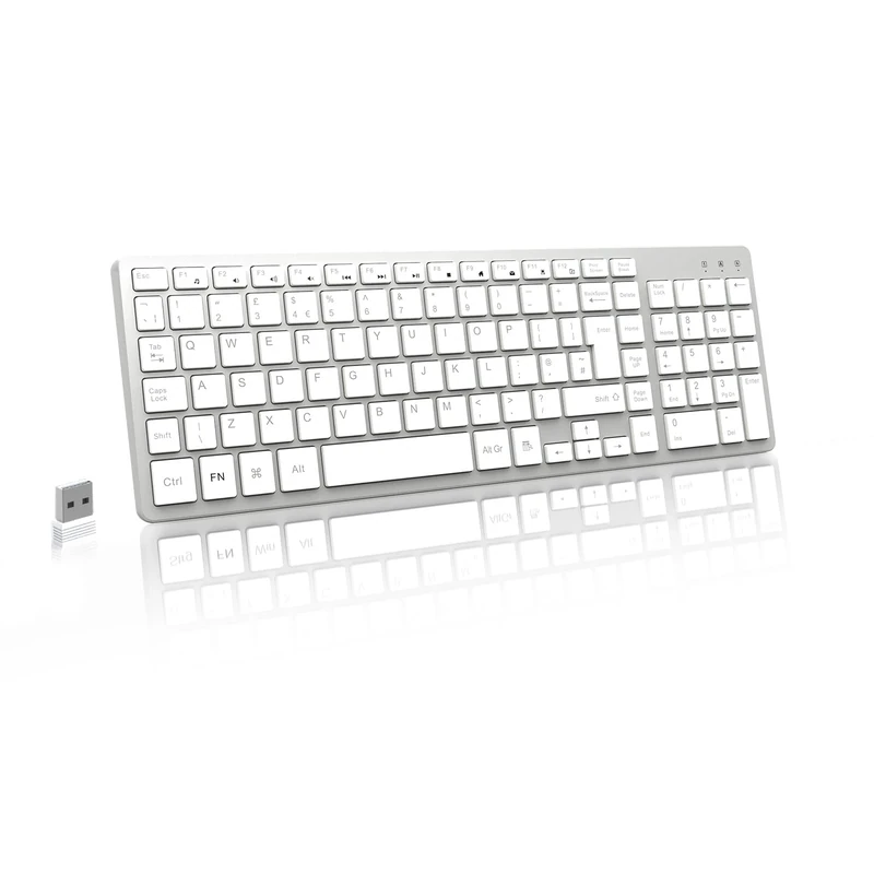 LeadsaiL KF12 Wireless Keyboard, Ultra-Thin 2.4GHz USB Computer Keyboards, Compact Size UK QWERTY Layout with Number Pad, 12 Multimedia Shortcuts for HP/Lenovo/Dell PC Laptop and Mac-Silver/White